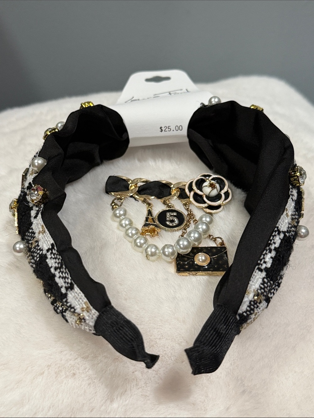 Black & White Tweed Charm headband & fashion pin with Pearl Accents NWT. - Picture 4 of 7